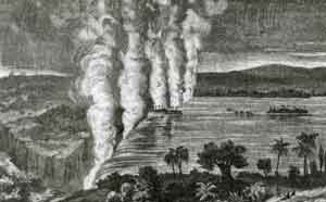 Водопад Виктория на реке Замбези с рисунка из книги Ливингстона. Посмотреть большую фотографию